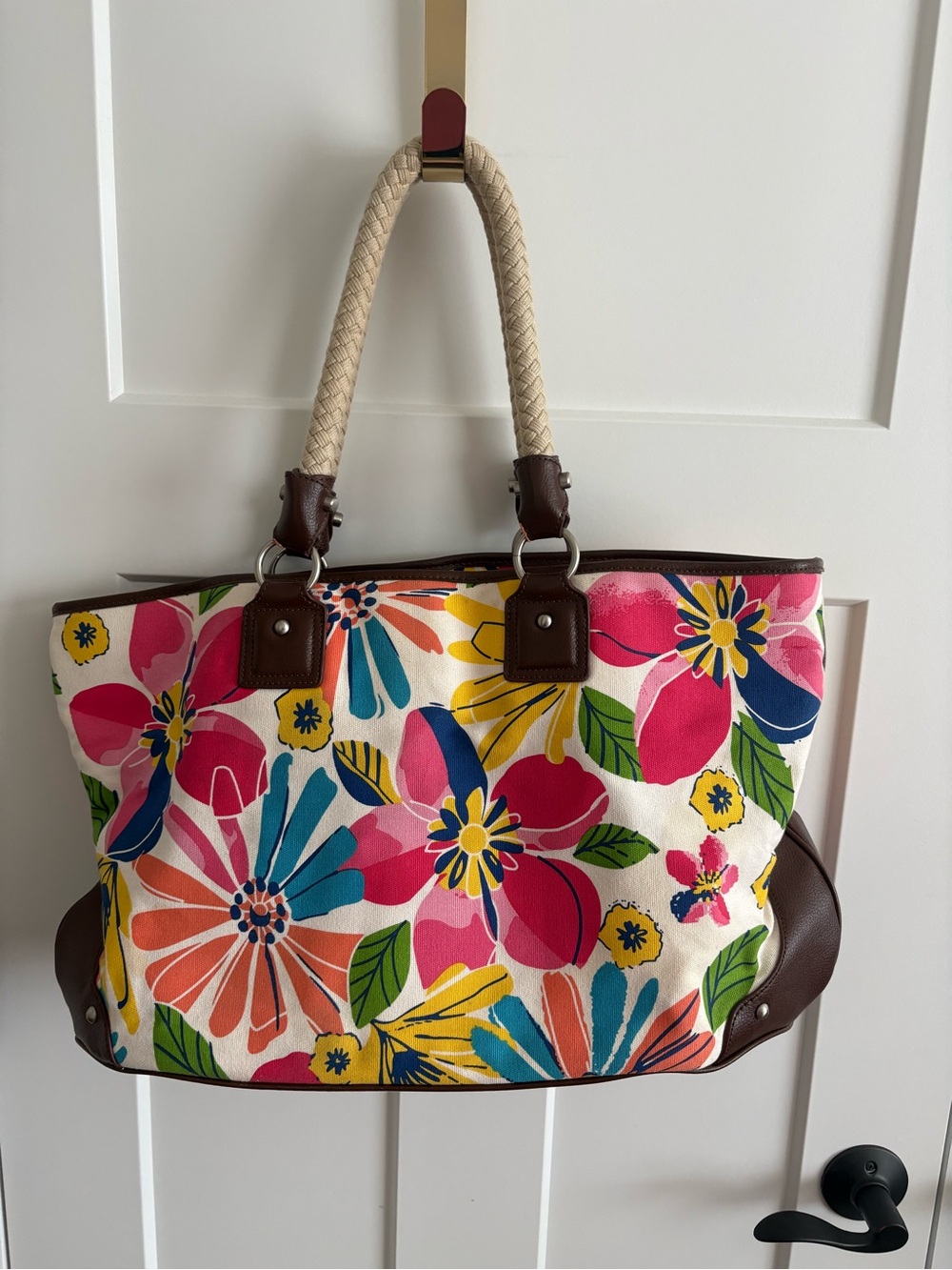 Coldwater Creek Floral Canvas Tote Bag with Brown Faux Leather Trim